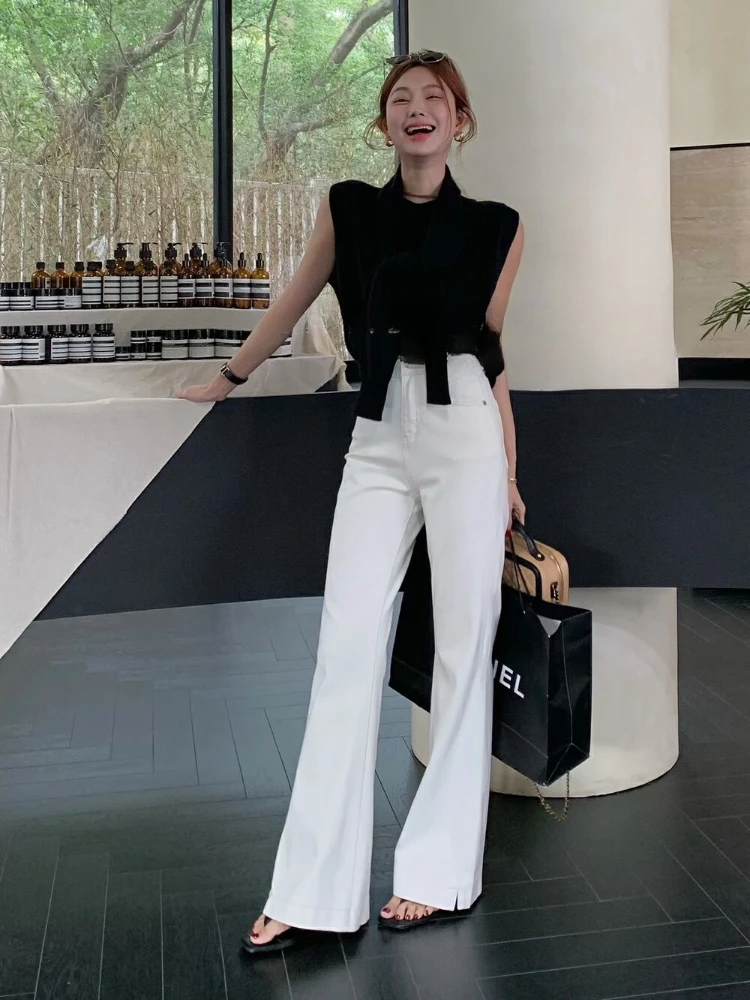 

2025 New Style White American Multi-Pocket Denim Pants - Simple and Stylish, Slim-Fitting, Low-Waist, Flared Pants for Women