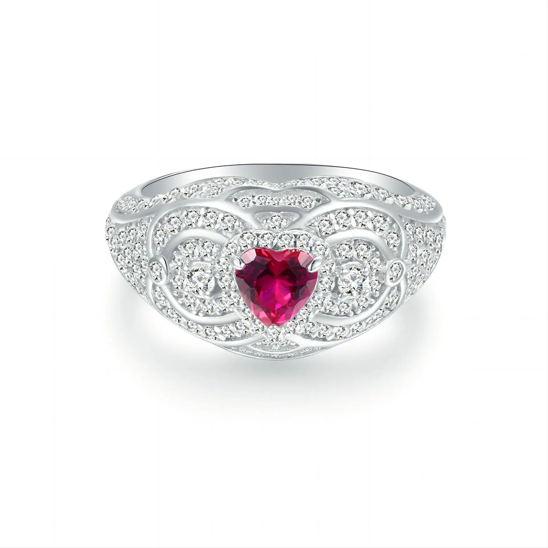 

New S925 Silver Red/Blue Treasure Heart shaped 5 * 5 Elegant 1 Carat Ring, European and American Ins Style Wedding Jewelry