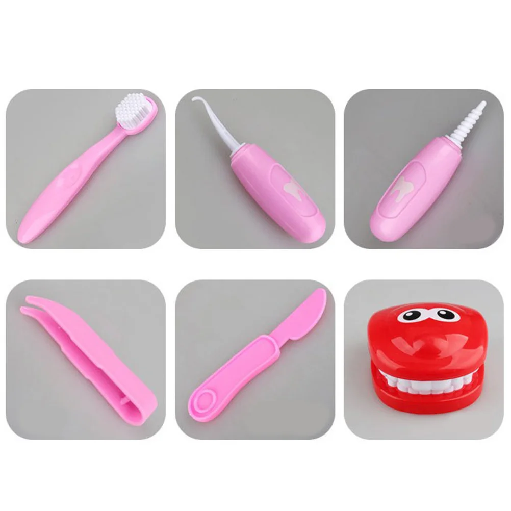 9 pçs dentista brinquedo simulação escovação dentadura jogo equipamento médico do bebê brinquedo fingir jogar médico brinquedo (rosa)