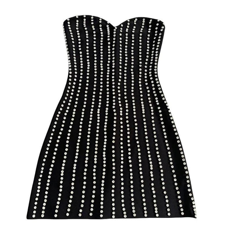 Mini abito da fasciatura per feste con perline di diamanti di lusso alla moda 2025 Abiti da cocktail party per celebrità aderenti con spalline sexy nere estive