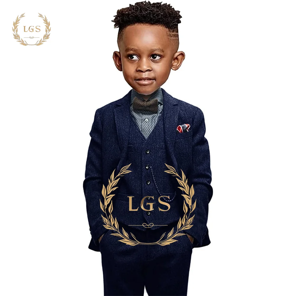 

Boy's 3-piece suit with herringbone pattern (jacket + vest + trousers) customized suit for children aged 2-16