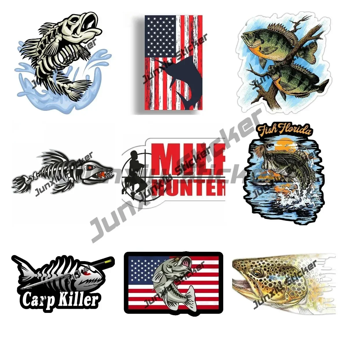 M.I.L.F. Man I Love Fishing Vinyl Decal Peacock Bass Fish Anime Car Stickers Bass Boat Lure Tackle Box Car Truck Window Sticker