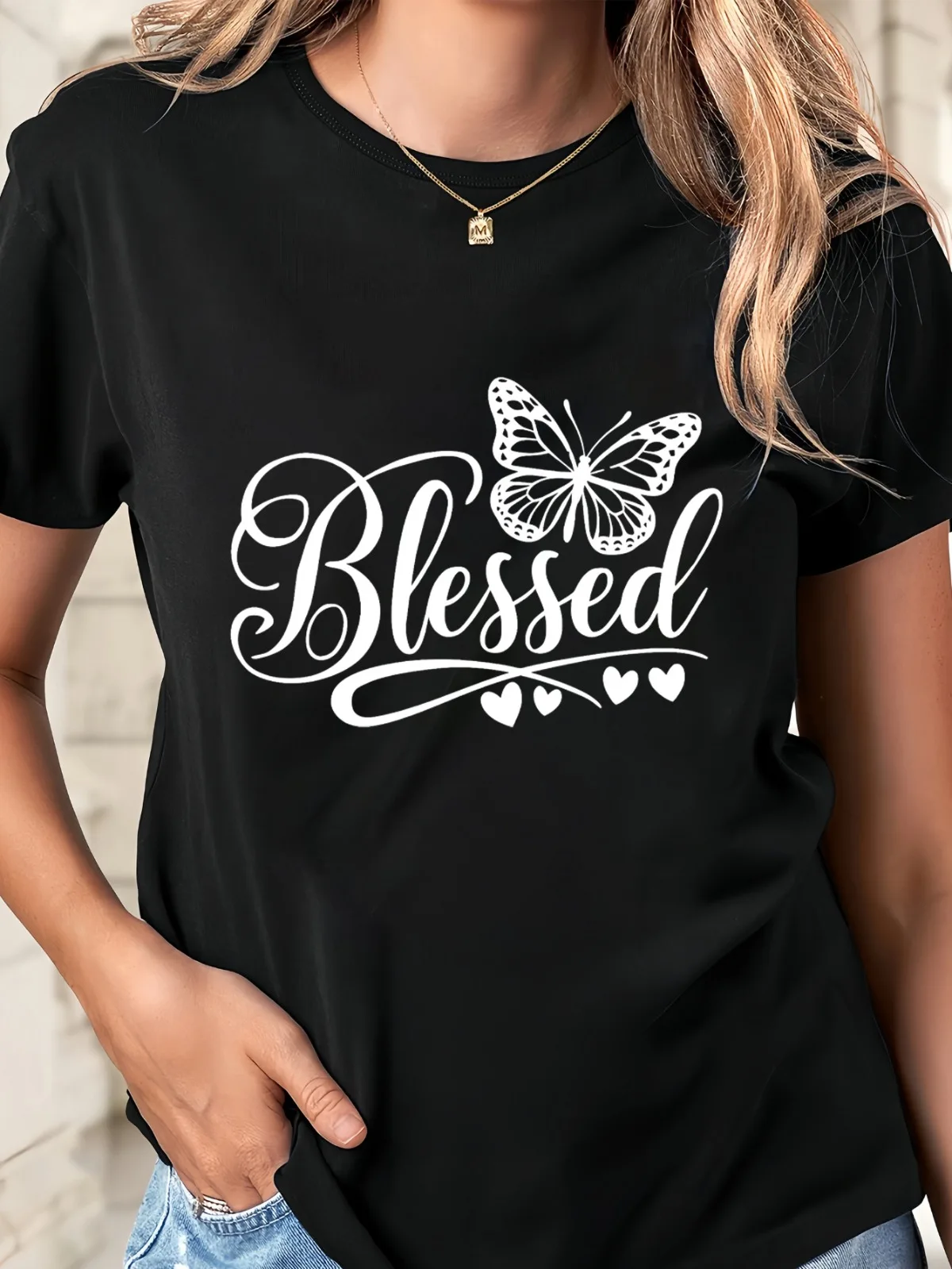 

Women's Printed Cotton Round Neck T-shirt with "Holy" Butterfly Pattern Short Sleeved Suitable for Holiday Gifts Women Clothing