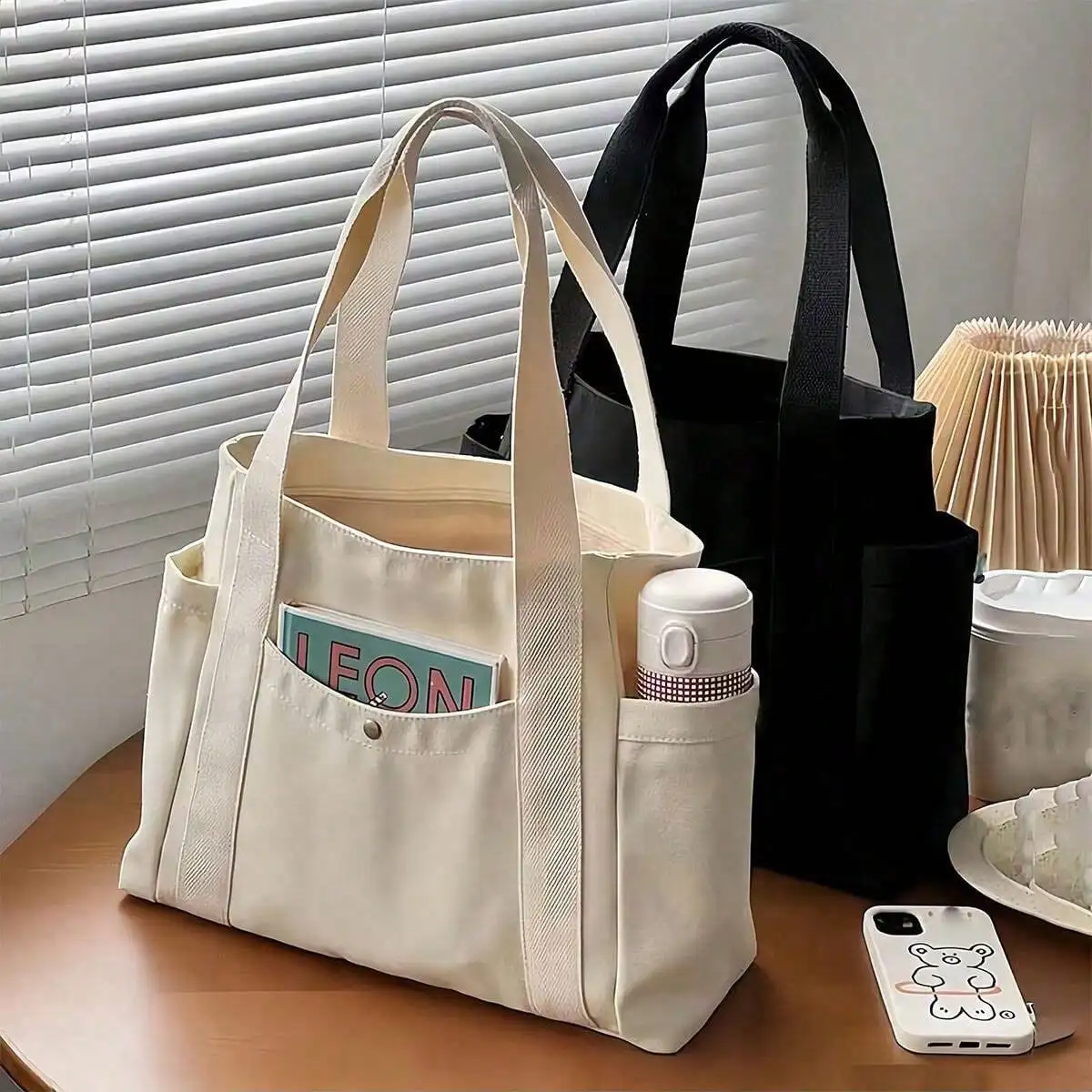 

1/2pcs Large Capacity Canvas Tote Bag, Multi Pockets Reusable Shoulder Handbag for School Work Travel Shopping Daily Use