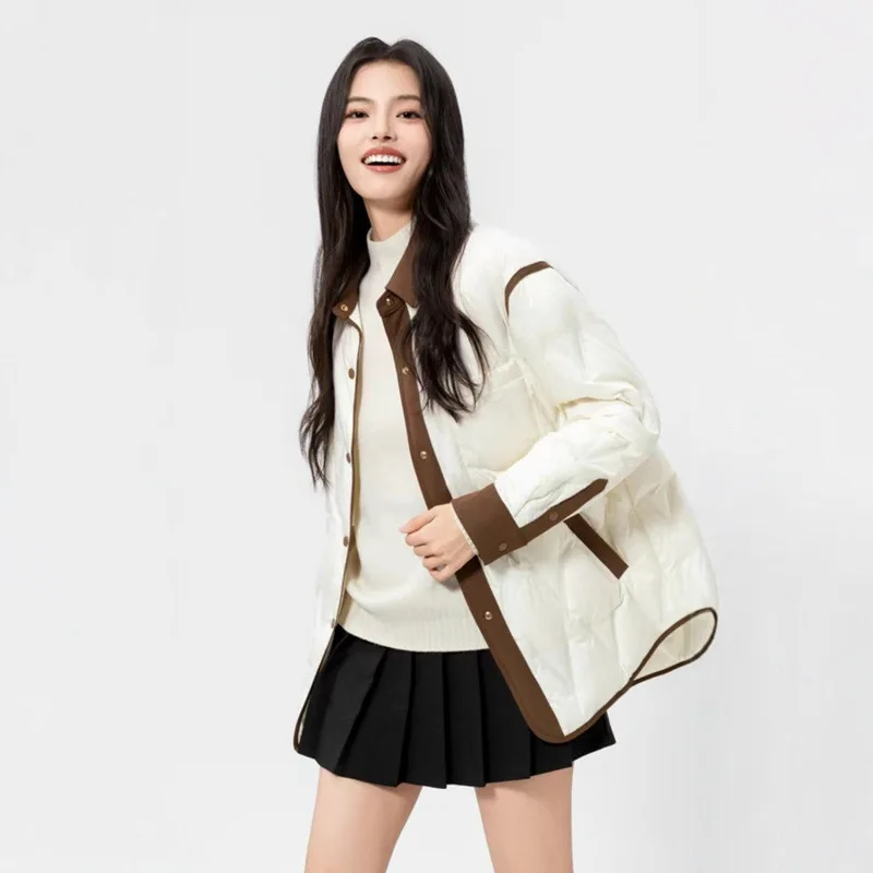 Hiver léger revers doudoune femmes 90% blanc canard doudoune femme Patchwork chaud simple boutonnage Parker outwear