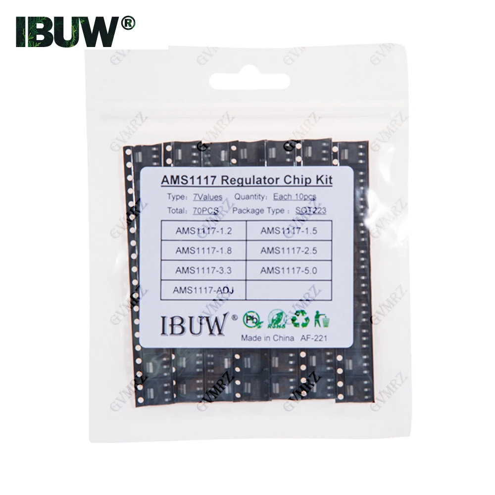 70PCS 7Values AMS1117 Regulator Chip Kit SOT223 (1.2/1.5/1.8/2.5/3.3/5.0/ADJ) for Arduino DIY Electronic Power Supply Project