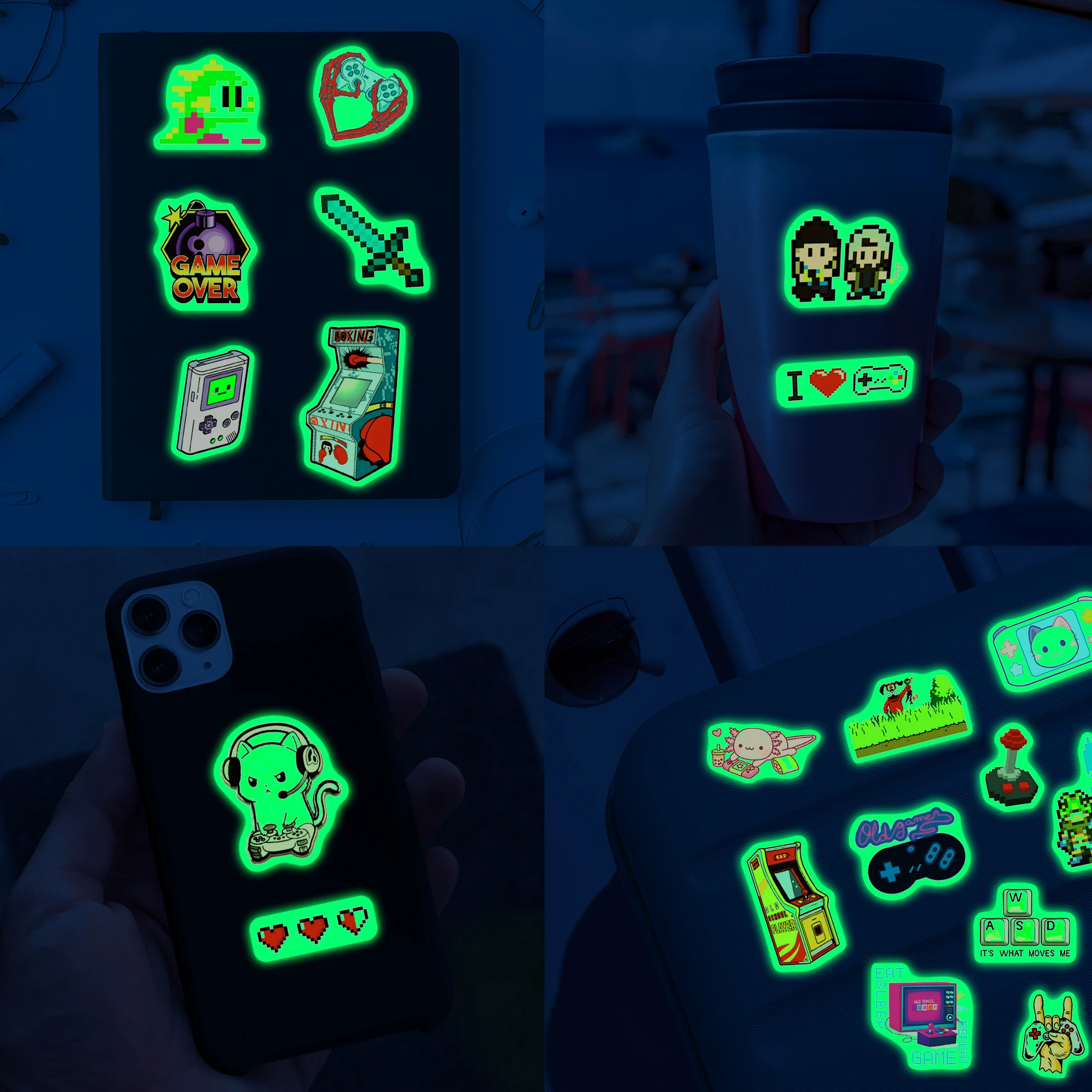 ملصقات نمط اللعبة المتوهجة في الظلام 54 قطعة من ملصقات دفتر الملاحظات المضيئة ذاتية اللصق المقاومة للماء