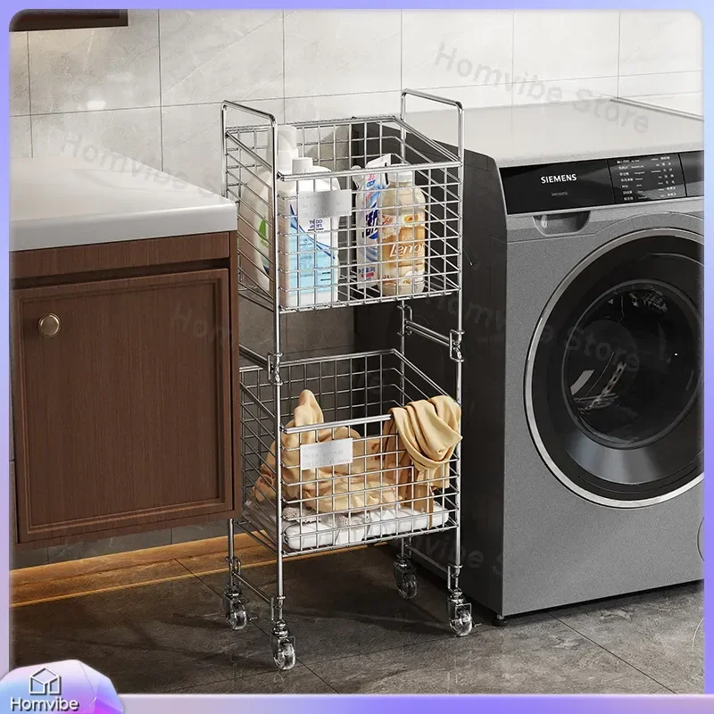 for 304 Stainless Steel Double Layer Stacked Laundry Basket Removable Storage Rack Bathroom Supplies Laundry Storage Trolley