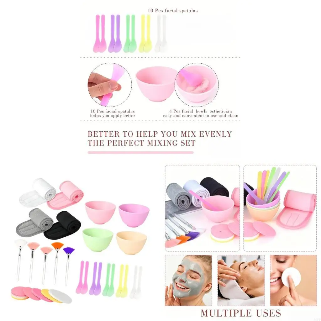 J6PE Mask Set with Mixing Bowls, Fan Brushes, Headbands, Spatulas and Compressed Mask Pads for Steady Daily Application Use
