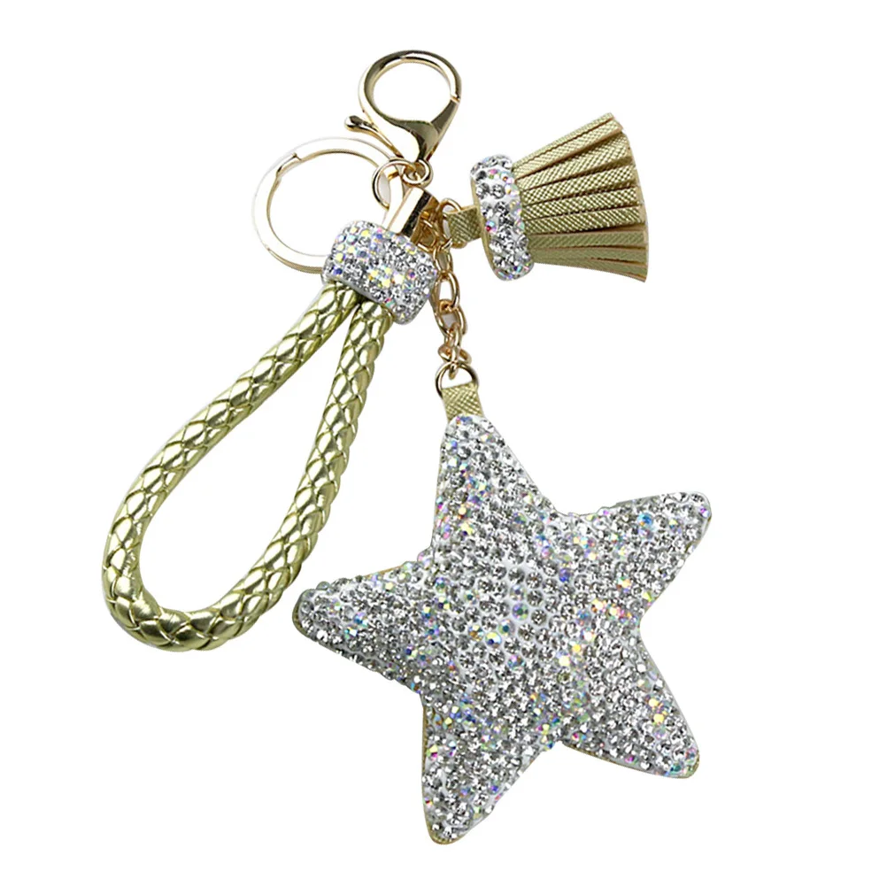 

Golden Rhinestone Pentagram Design Creative Key Ring for Car Key Bag Phone Decoration PU Crystal Craft Ornament