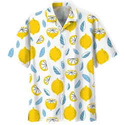 Citroen Patroon Aloha Shirts Mannen 3d Bedrukt Tropisch Fruit Korte Mouw Knoop Blouse Streetwear Oversized Revers Hawaiiaans Shirt