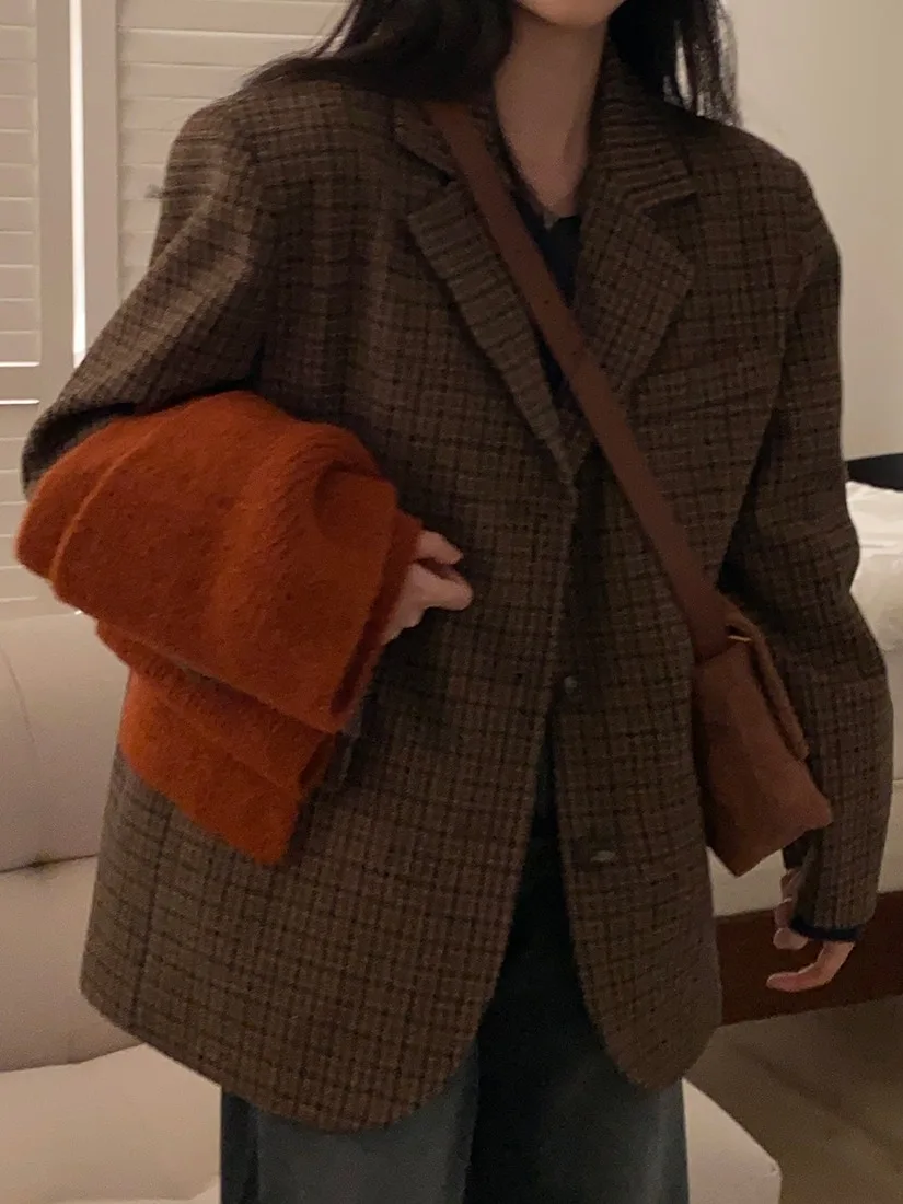 JLINS Ретро клетчатый костюм Jaet для женщин осень-зима корейский Sle длинный свек на пуговицах повседневная верхняя одежда