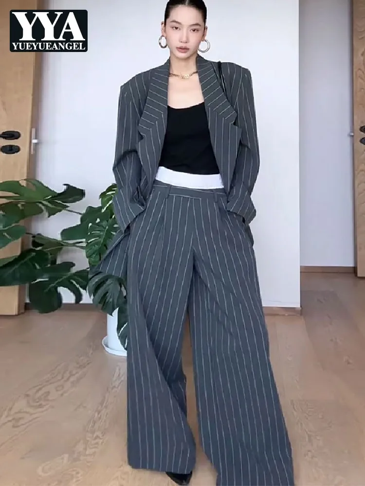 Designer Women Gray Striped Suits Sets Loose Fit Office Lady Double Breasted Blazers High Waist Wide Leg Pants Two Piece Outfits
