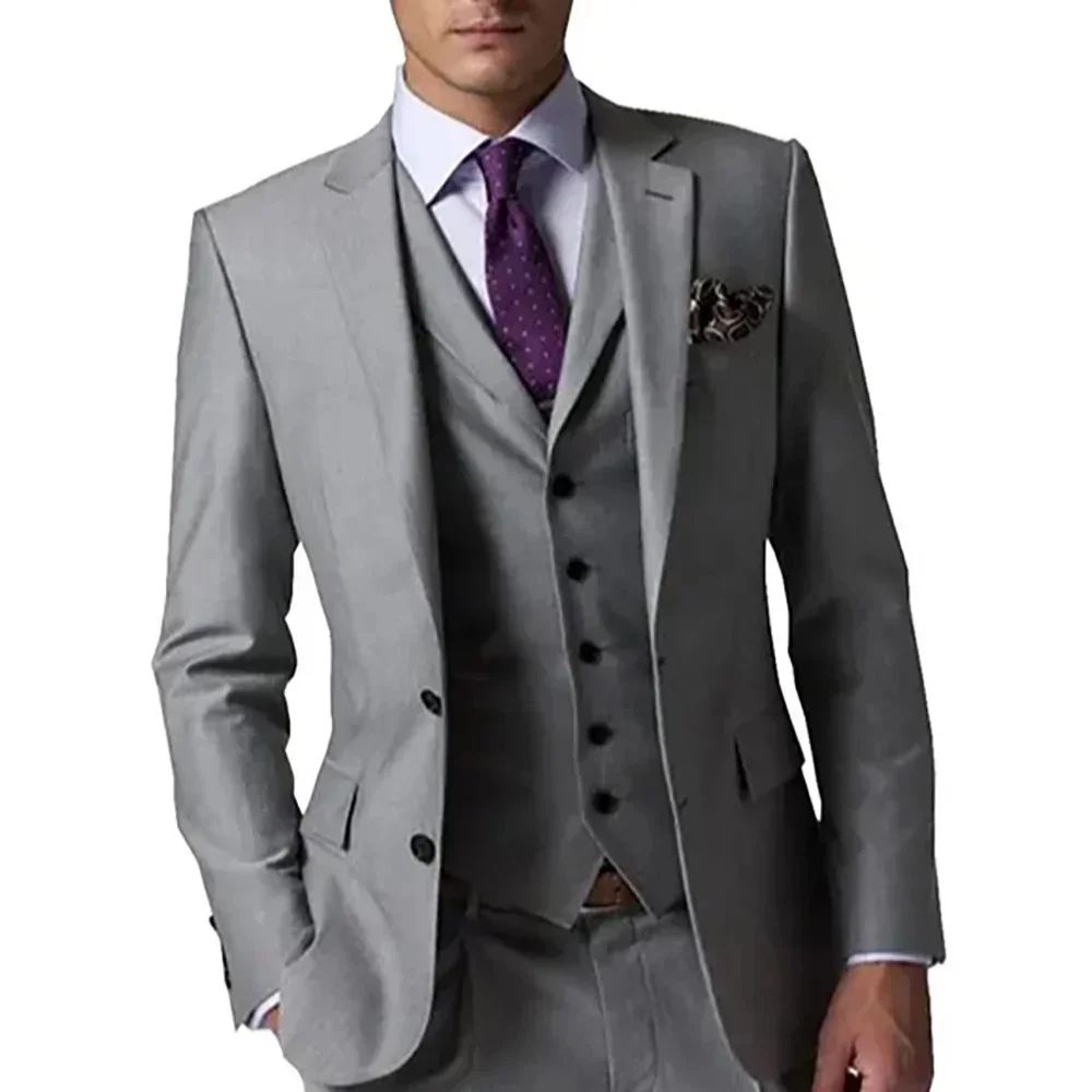 

3 Pieces Male Suits Gray Elegant Wedding Suits For Men Formal Best Men Blazer Slim Fit Groom Tuxedos Jacket Costume Homme