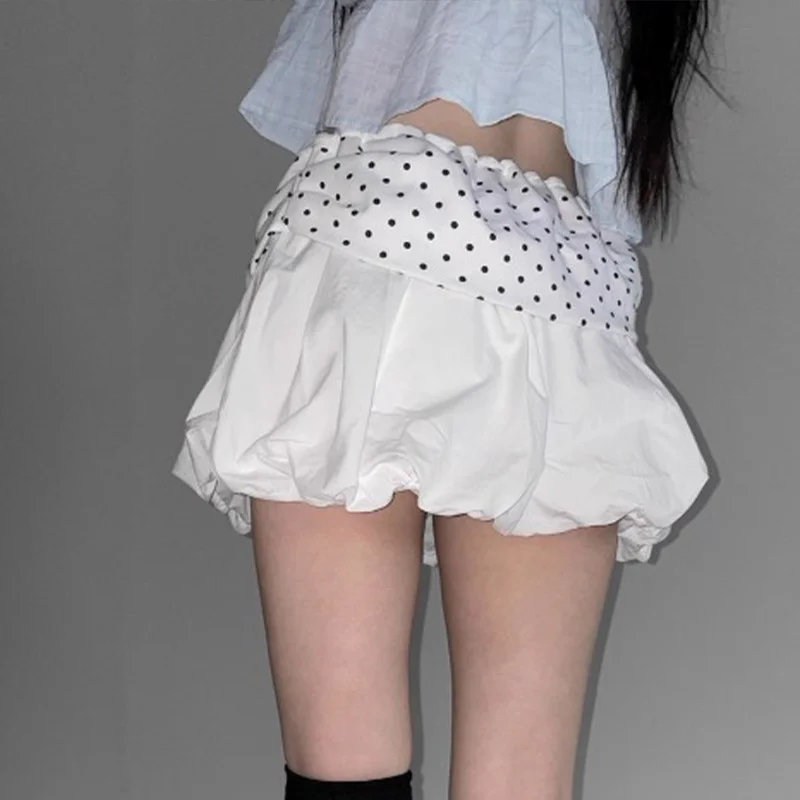 Women's Polka Dot Foldover Waist Bubble Mini Skirt Low Rise Balloon Hem Y2K Cute Club Party Streetwear Summer Bottoms