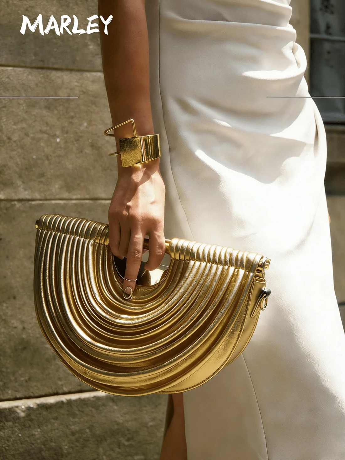 

Elegant Gold Half-Moon Clutch With Ribbed Design, Large Capacity Evening Bag For Weddings, Parties, And Formal Occasions