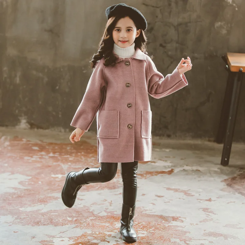 Winter Kids Wool Blend Coats Girls Warm Long Jackets Vintage Fashion Teen Reversible Tweed Outerwear Child 4-12 Years Old