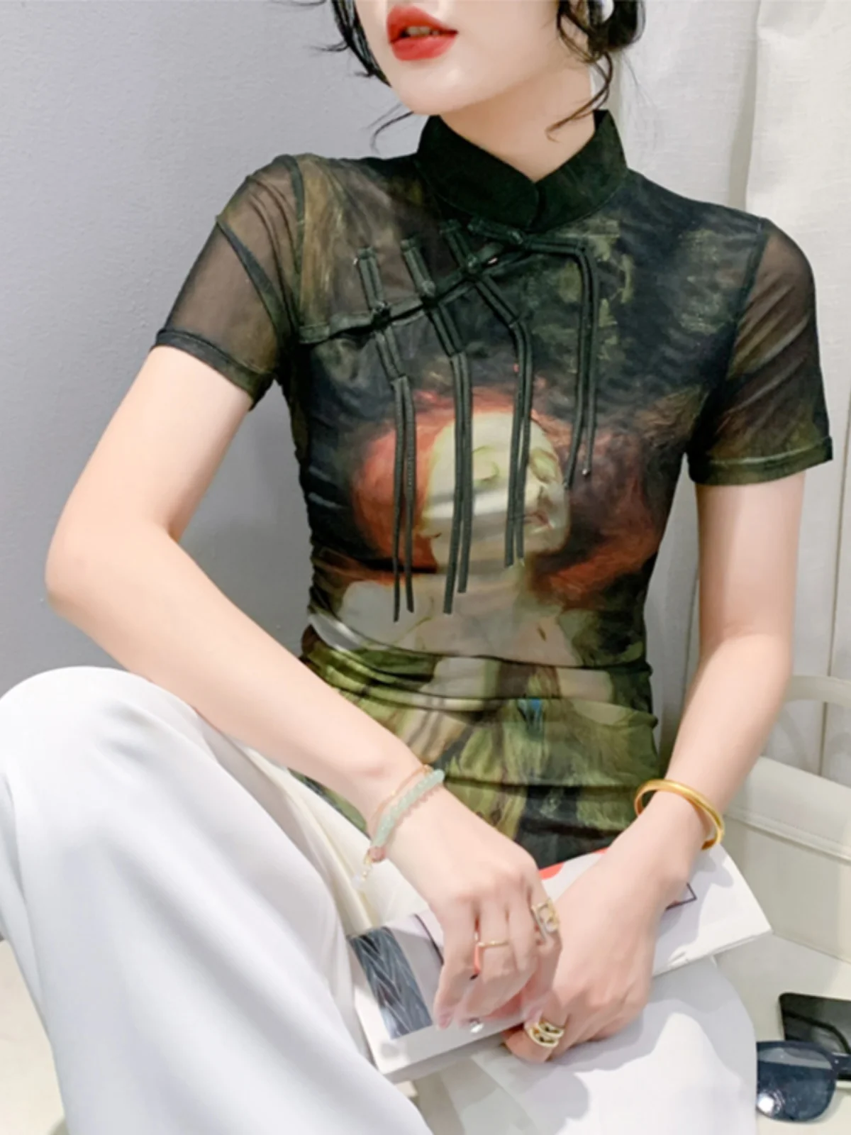 Retro chinesisches Sle T-Shirt mit Knopfdesign ort Sve Stehkragen Schöner Druck Sexy Me Top Sommer Pendeln Sle