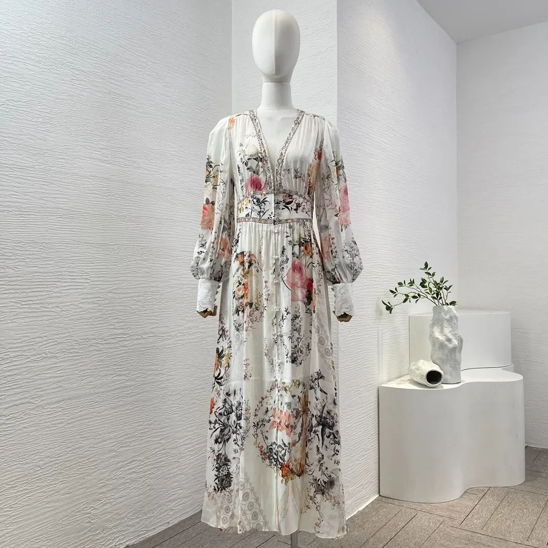 

Linen Silk Women Flower Print Long Lantern Sleeve Stretchable Waist At Back Diamonds Pressed V-Neck Midi Dress Spring Summer