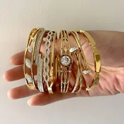 New Design Gold Color Zircon And Cross Nut Nail Bracelet & Bangles For Woman Metal Stainless Steel Waterproof  Jewelry Wholesale