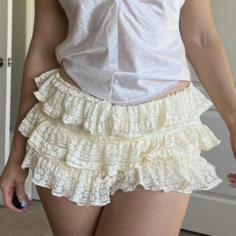 Coquette Preppy Kawaii Booty Frilly Shorts Women Lace Tiered Ruffles Bloomer Shorts Music Concert Pumpkin Pants Y2k Streetwear