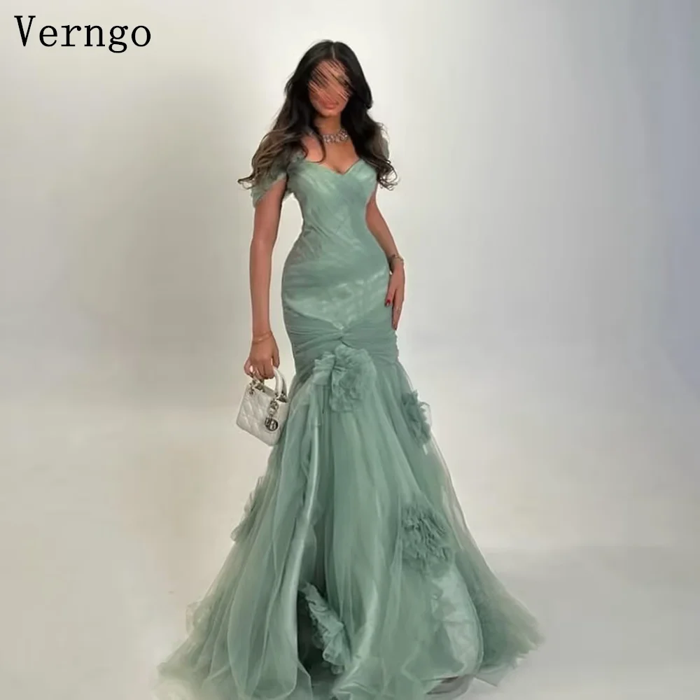 

Verngo Sage Green Tulle Evening Dress Off The Shoulder Mermaid 3D Flowers Formal Occasion Dresses Elegant Party Dress Customized