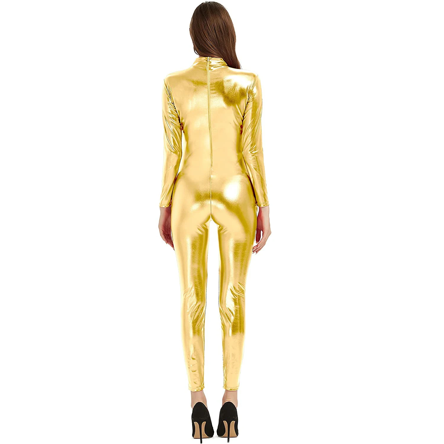 Speerise Women Shiny Metallic Unitard Long Sleeve Catsuit Mock Neck Bodysuit Stretch Zipper Back Stage Performance Costumes