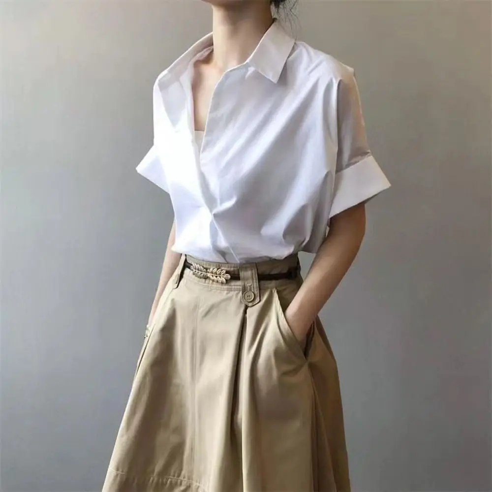 

Retro V-neck Flip Collar T-shirt Crop Top Loose Short Sleeve Blouse Y2K Chic Basic Tees Shirts Women Summer