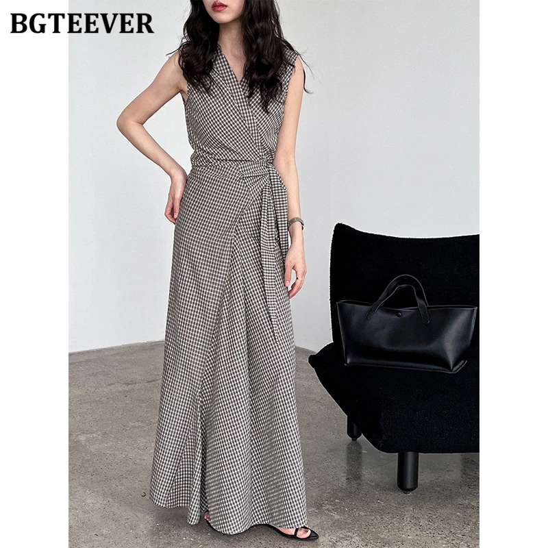 

BGTEEVER Vintage Slim Waist Lace-up Female Plaid Dress Summer Fashion V-neck Women A-line Dress