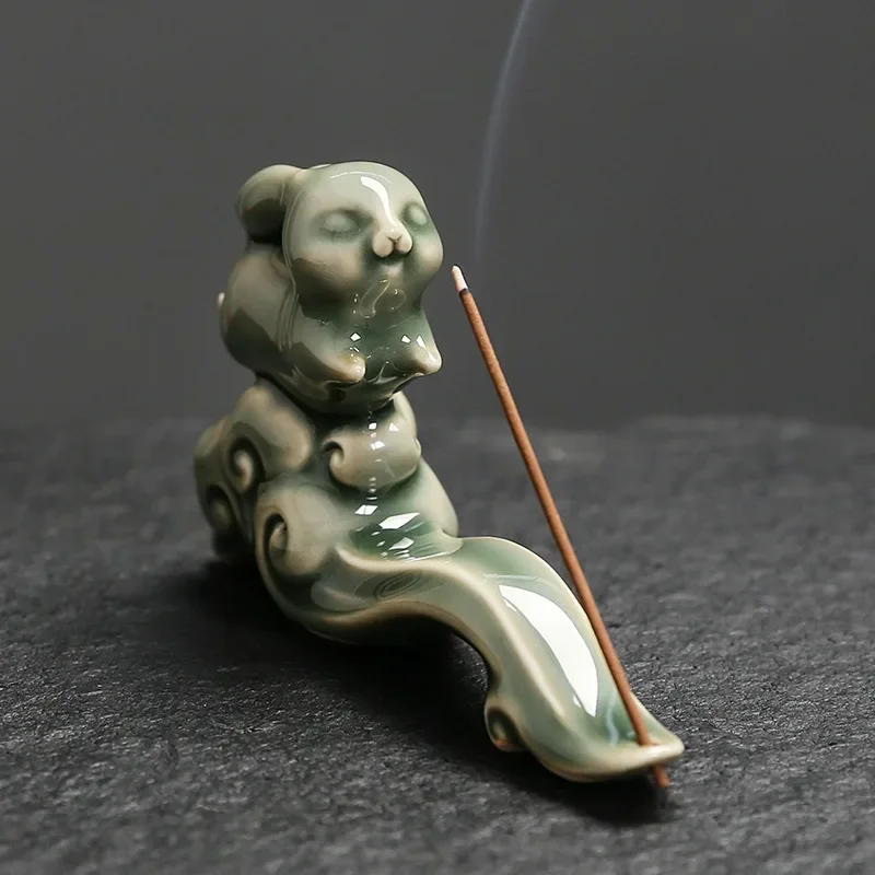 1pc Celadon Jade Rabbit Incense Holder on Auspicious Clouds Perfect for Sandalwood Sticks Elegant Home Decor (Without Incense)