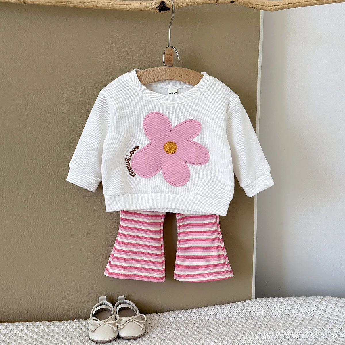 2025 Autumn 1-3 Year Old Baby White Patchwork Small Flower Embroidered Top Red and White Striped Micro Pullup Pants