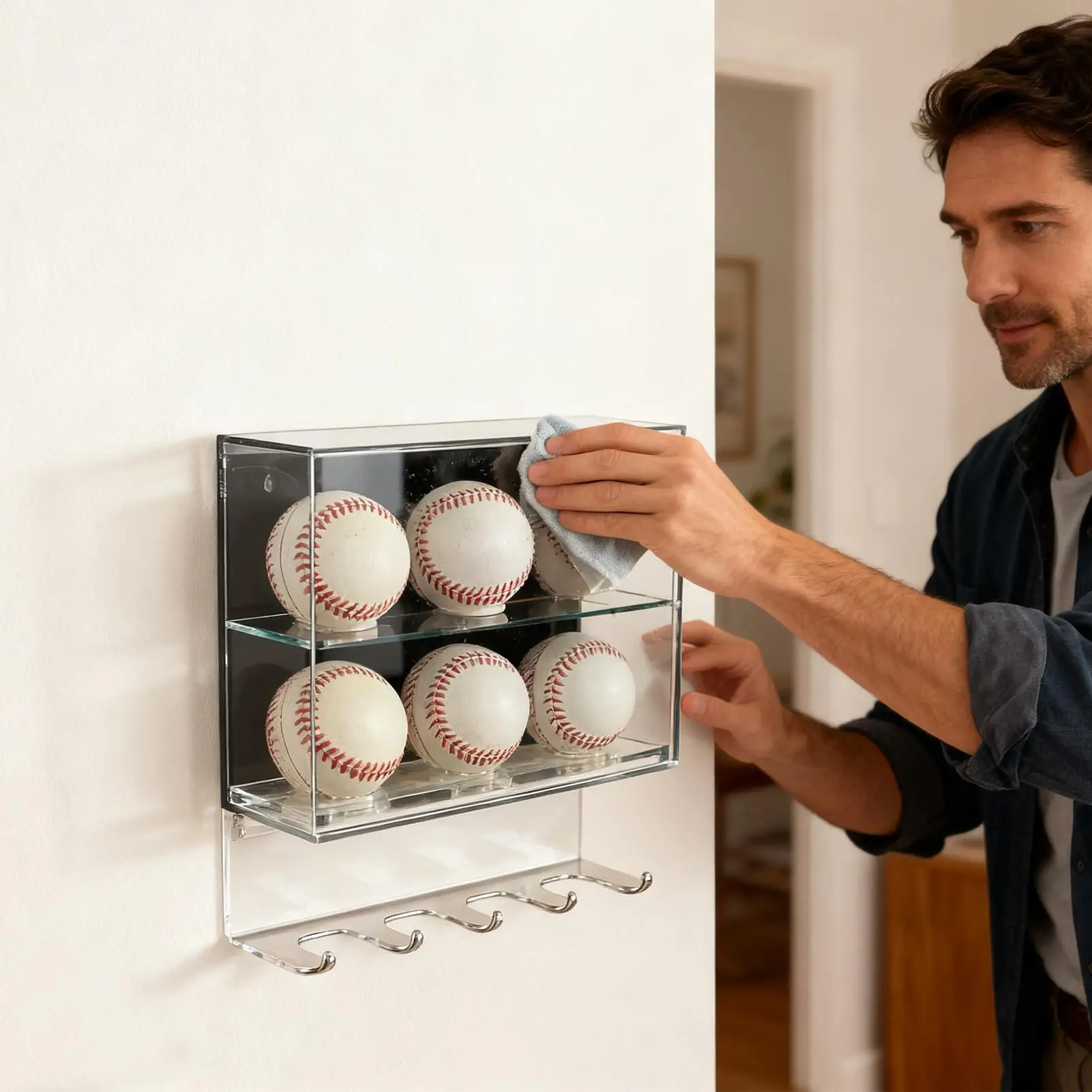 Baseball Case Display Acrylic 2-Tiers Clear Sports Collectibles Shelf Baseball Holders For Balls For Living Room Dorm Apartment