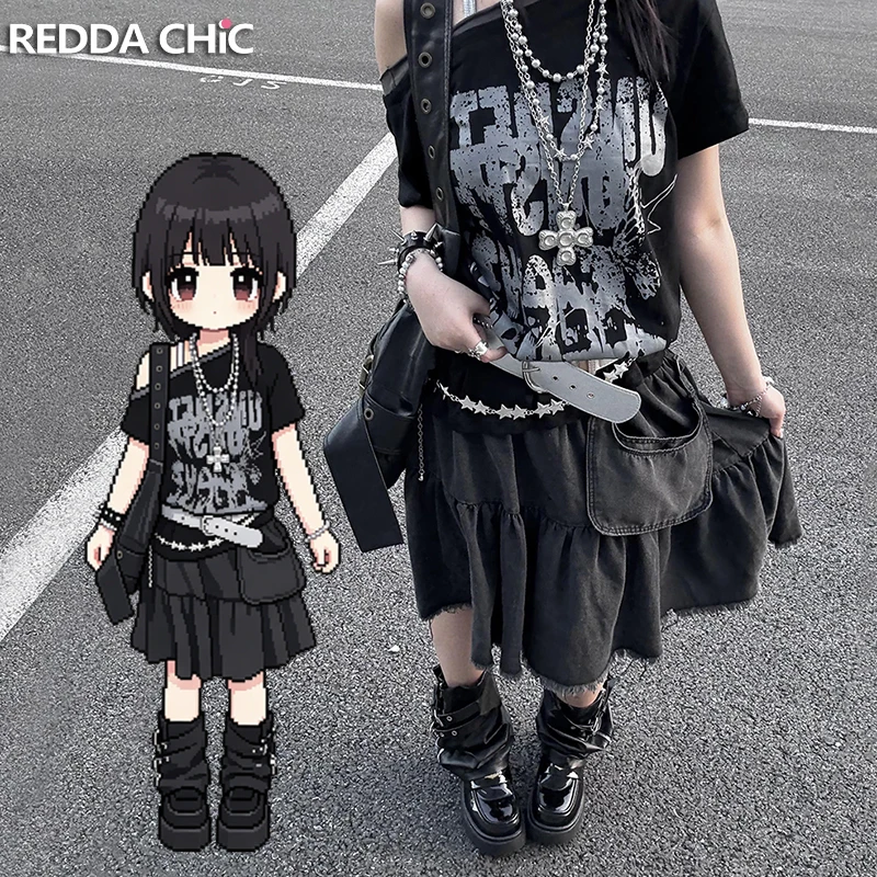 

Джинсовая юбка REDDACHiC в стиле гранж, серая, длинная, женская, корейская, свободного кроя, с необработанным краем, с низкой талией, джинсовая юбка-кейк, Rokku Gyaru Acubi Fashion
