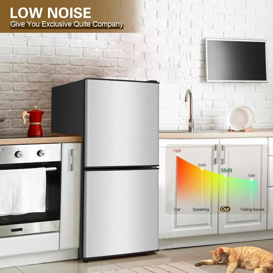 مدمج 4.0 مكعب. قدم. ثلاجة صغيرة ببابين مع فريزر وتحكم في ترموستات 7 مستويات للمكتب وغرفة النوم باللون الفضي - الطاقة