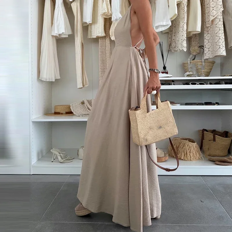 

Vacation Beach Summer Backless Women Sleeveless Bandage Casual Dress Chic Waist Pleated Solid Color Elegant Long Dress