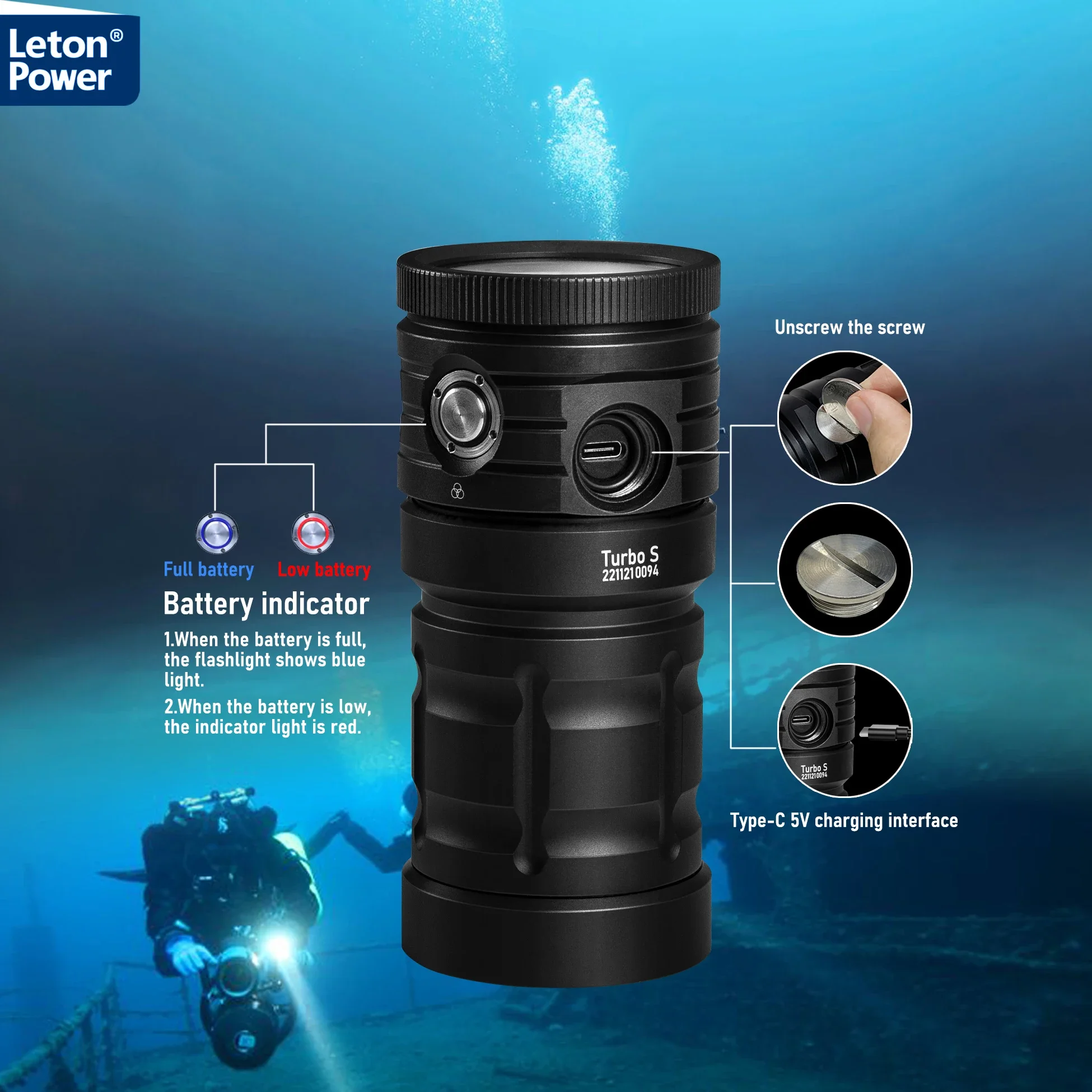 LetonPower-Lampe de poche de plongée sous-marine, 25000lumens, lampe de poche sous-marine, lampe d\'instructions de plongée, charge de type C, lampe