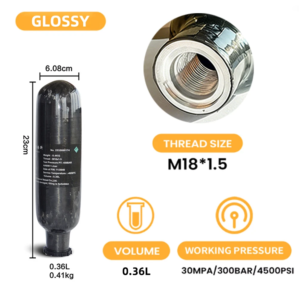 300Bar 4500Psi 0.36L/0.5L 360cc/500cc Carbon Fiber Cylinder High Pressure Diving Tank HPA Bottle for Mini Scuba Diving M18*1.5 view 3