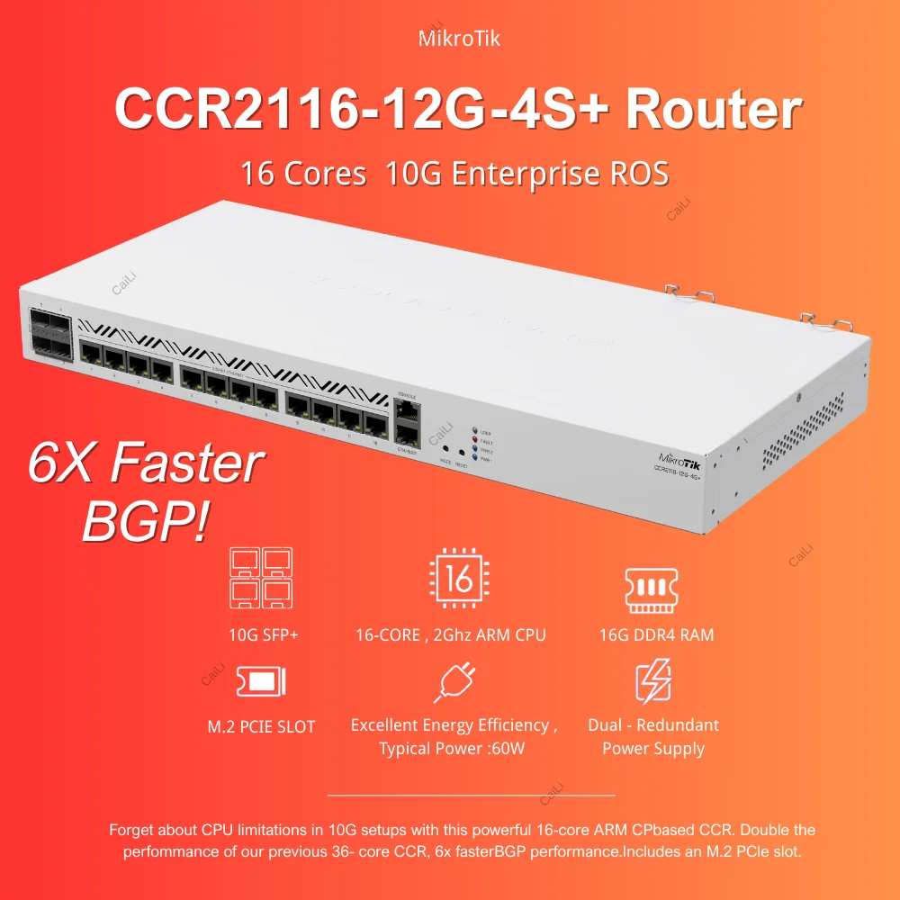 Mikrotik CCR2116-12G-4S+ 16 Cores 10G Enterprise ROS 16G DDR4 16-CORE 2GHZ CPU 10G SFP+ M2 PCIE SLOT Dual - طاقة زائدة عن الحاجة #2