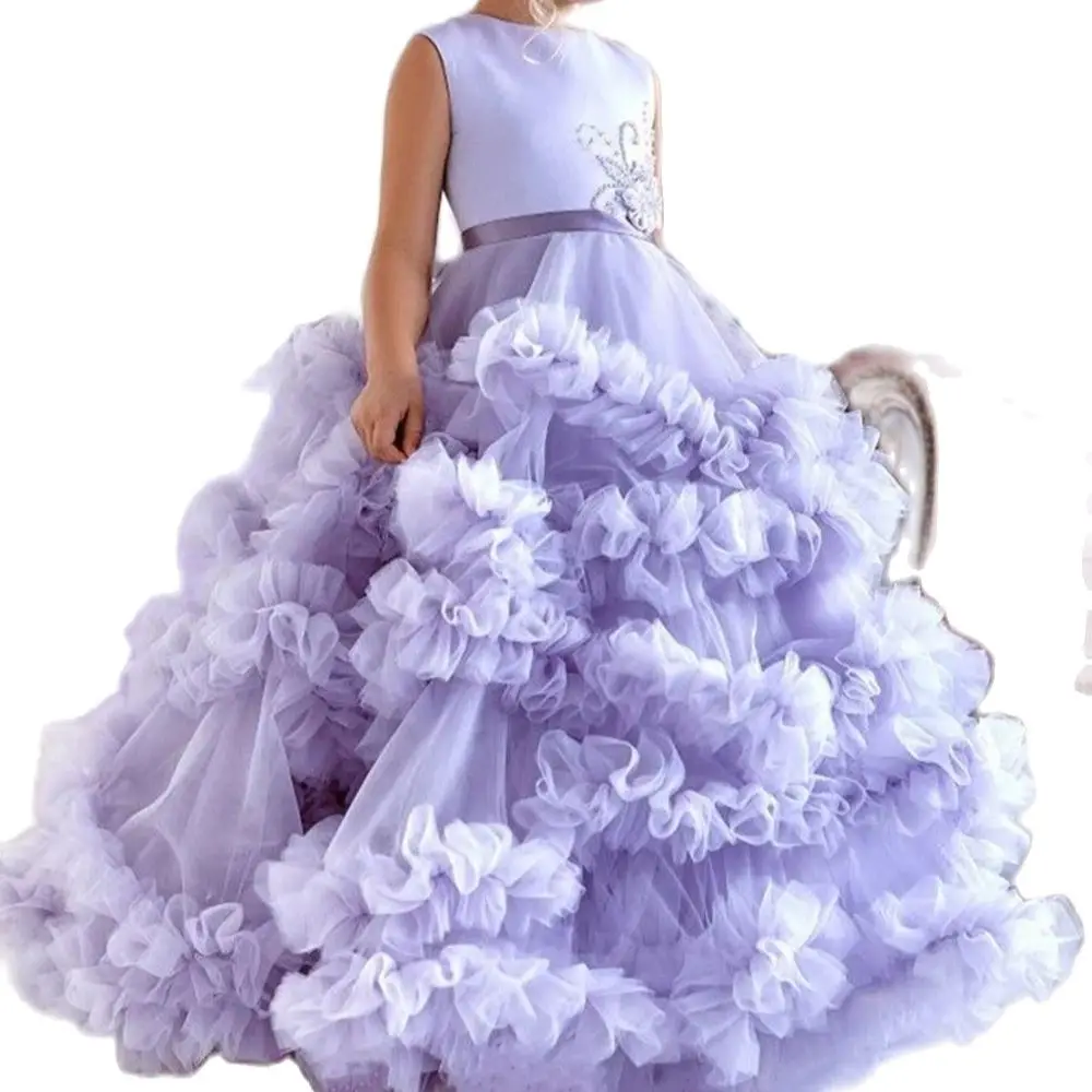 Vestidos de flores de princesa hinchados para niña, cuello redondo sin mangas, cuentas, vestidos formales para fiesta de cumpleaños, baile de graduación