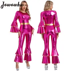 Womens 70S Disco Vintage Jumpsuit Metallic Shiny Flare Sleeve Bodysuit Hippie Bell Bottom Jazz Dance Carnival Rave Party Costume