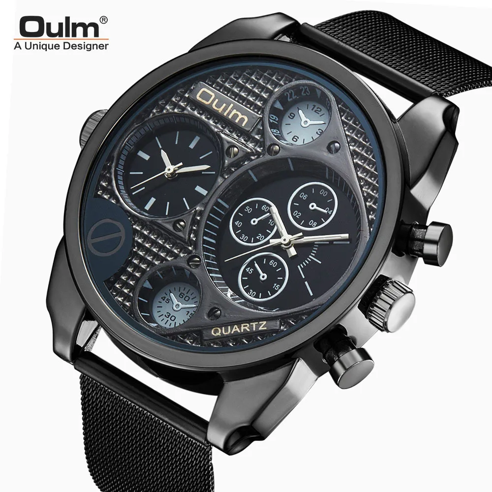 Oulm Two Time Zone Mesh Full Steel Watches Men Military Watch Big Quartz Sport Wristwatch Top Luxury Brand Male Clock