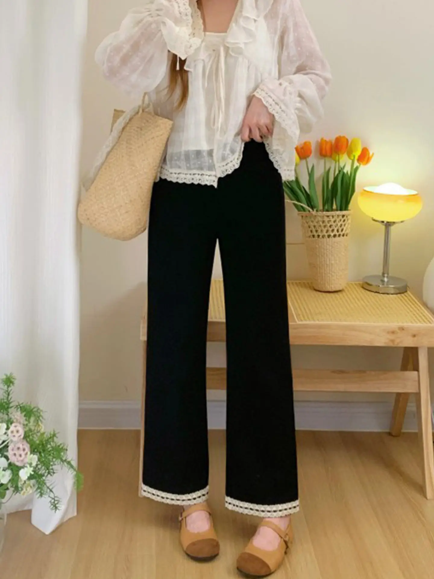 Black Lace Casual Pants Women's Slim Fit Nine Points Thin Elastic Straight Leg Pants Summer Lightweight plus Size High Waist ...