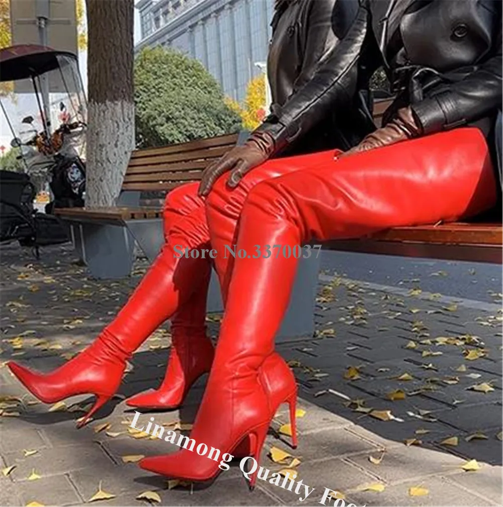 

Linamong Super High Stiletto Heel Slim Over Knee Boots Pointed Toe Red Black Matte Leather Thin Heel Thigh Heel Long Boots