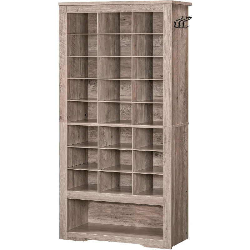 

Tall Shoe Cabinet, 9 Tier Shoe Storage Cabinet, Freestanding Wooden Shoe Cabinet Organizer with 24 Cubbies and 3 Hooks, f
