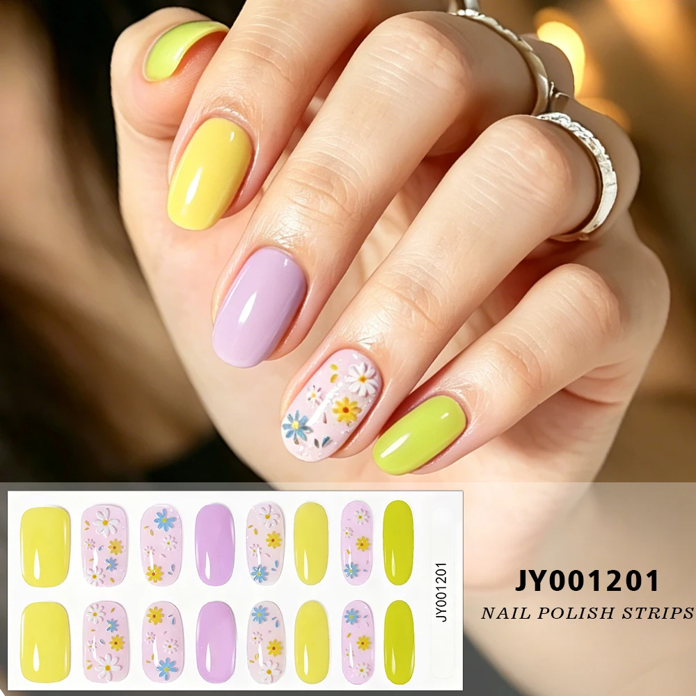 16tips Spring Daisy Nail Polish Strips Glossy Yellow Purple Green Full Cover Self-Adhesive Nail Wraps for Summer Manicure Decals