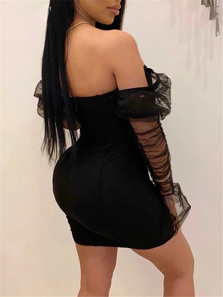 Articat Sexy Mesh Puff Sleeve Party Dress Women Low Collar Backless Patchwork Red Mini Dress Nightclub 2020 Spring Vestidos image 5