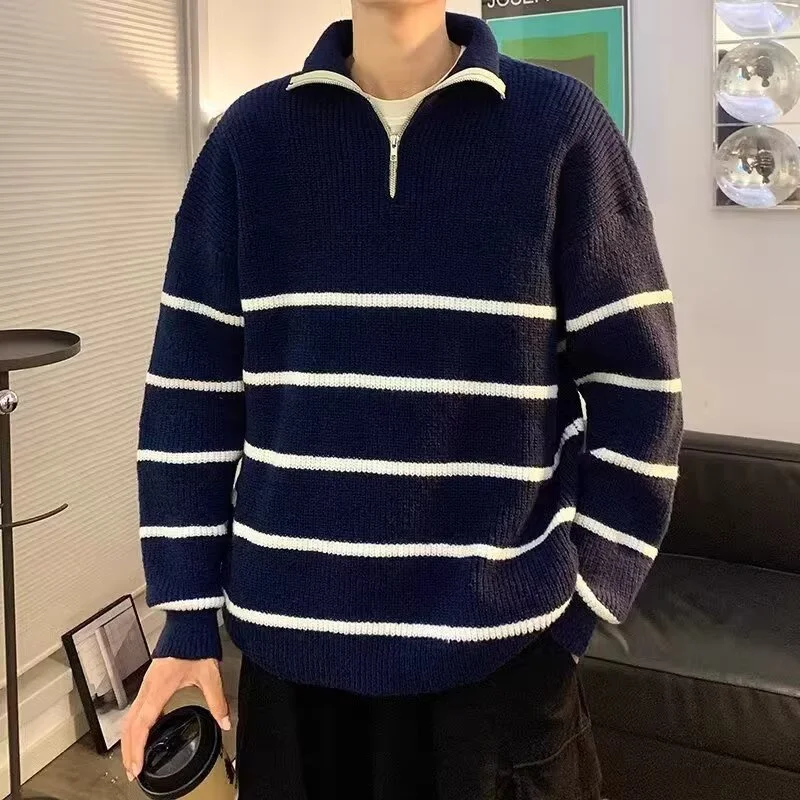 Winter Striped Half-zip Long Sleeve Sweaters For Man High Street Korean Fashion Pullovers Knitwear Y2K Vintage jersey hombre