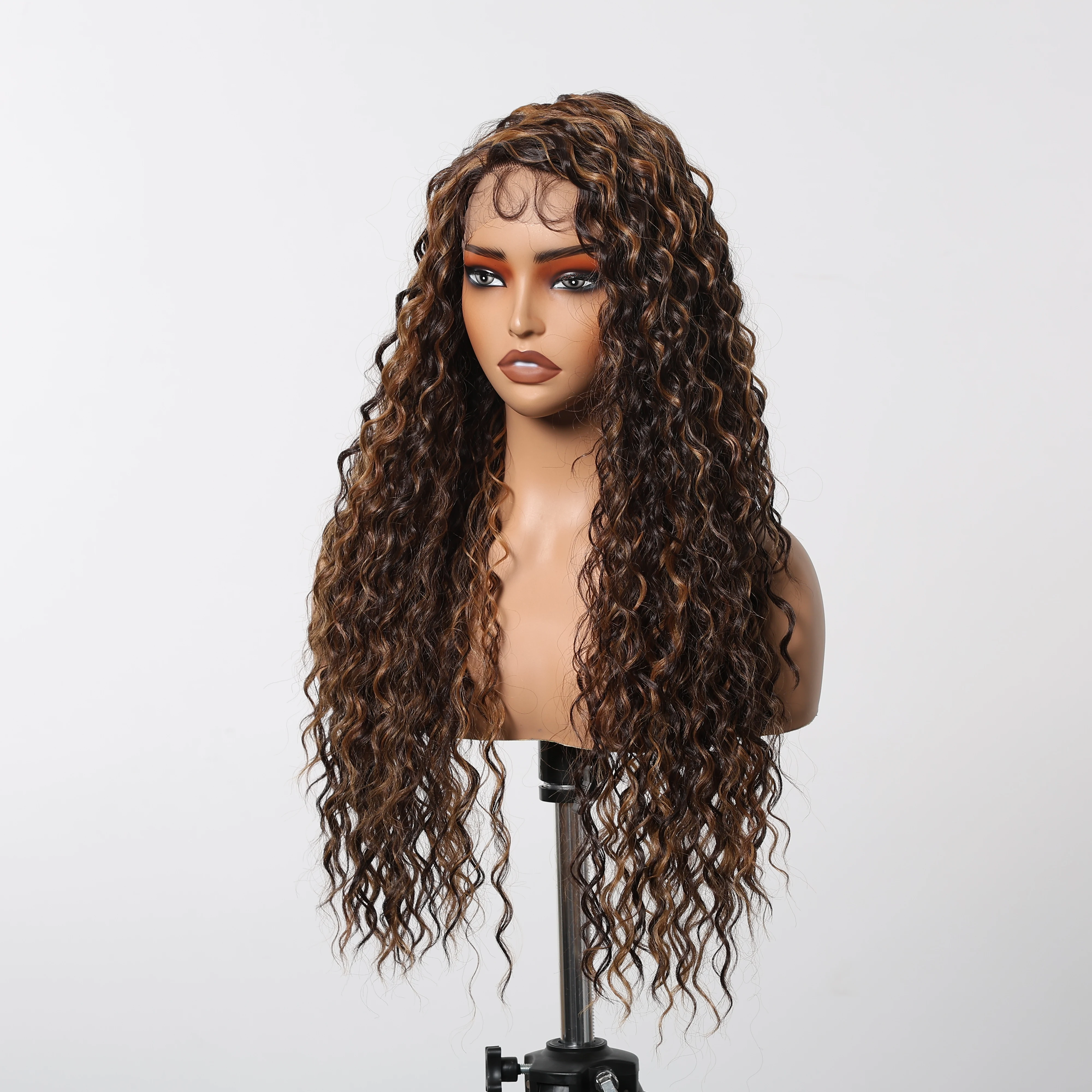 CharmSource Long13x4x1 Lace Synthetic Wigs Brown Highlight Golden Curly Wig for Black Women Natural High Density Daily Use