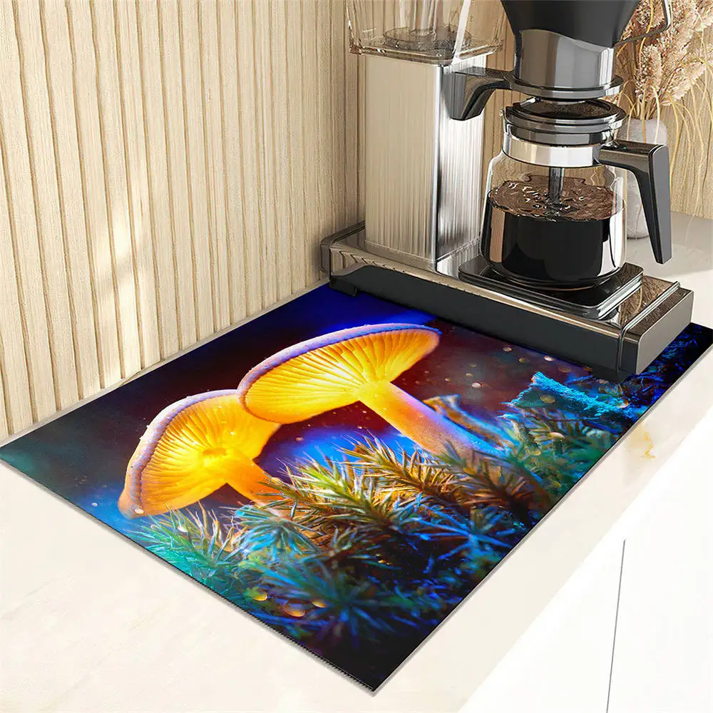 Psychedelic Mushroom Pattern Drain Pad Absorbent Dish Drying Mat Non-Slip Anti-mildew Counter Top Mat Sink Dish Draining Mat