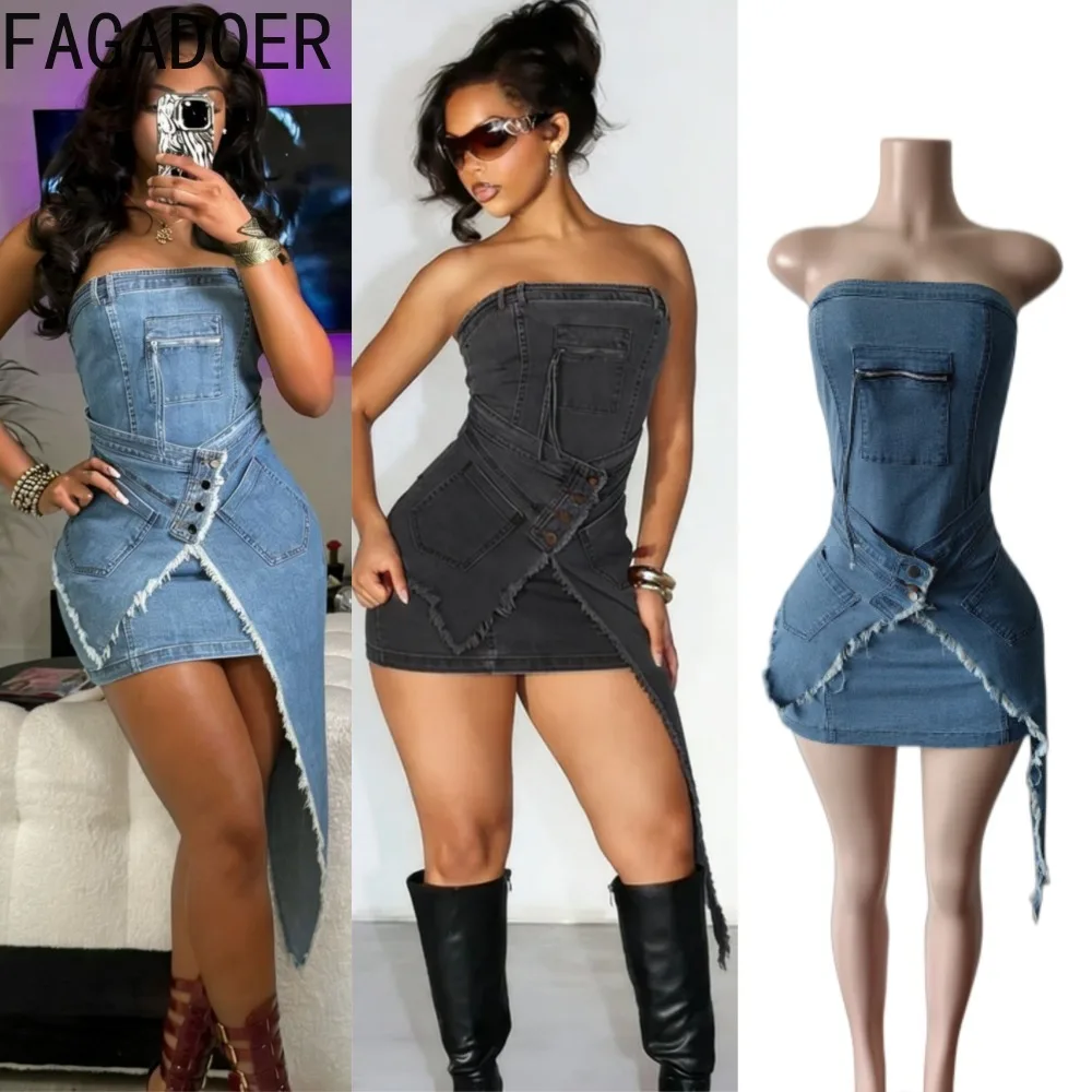 

FAGADOER Sexy Irregular Patchwork Denim Bodycon Dresses Woman Solid Color Sleeveless Backless Dresses Female Streetwear Vestidos